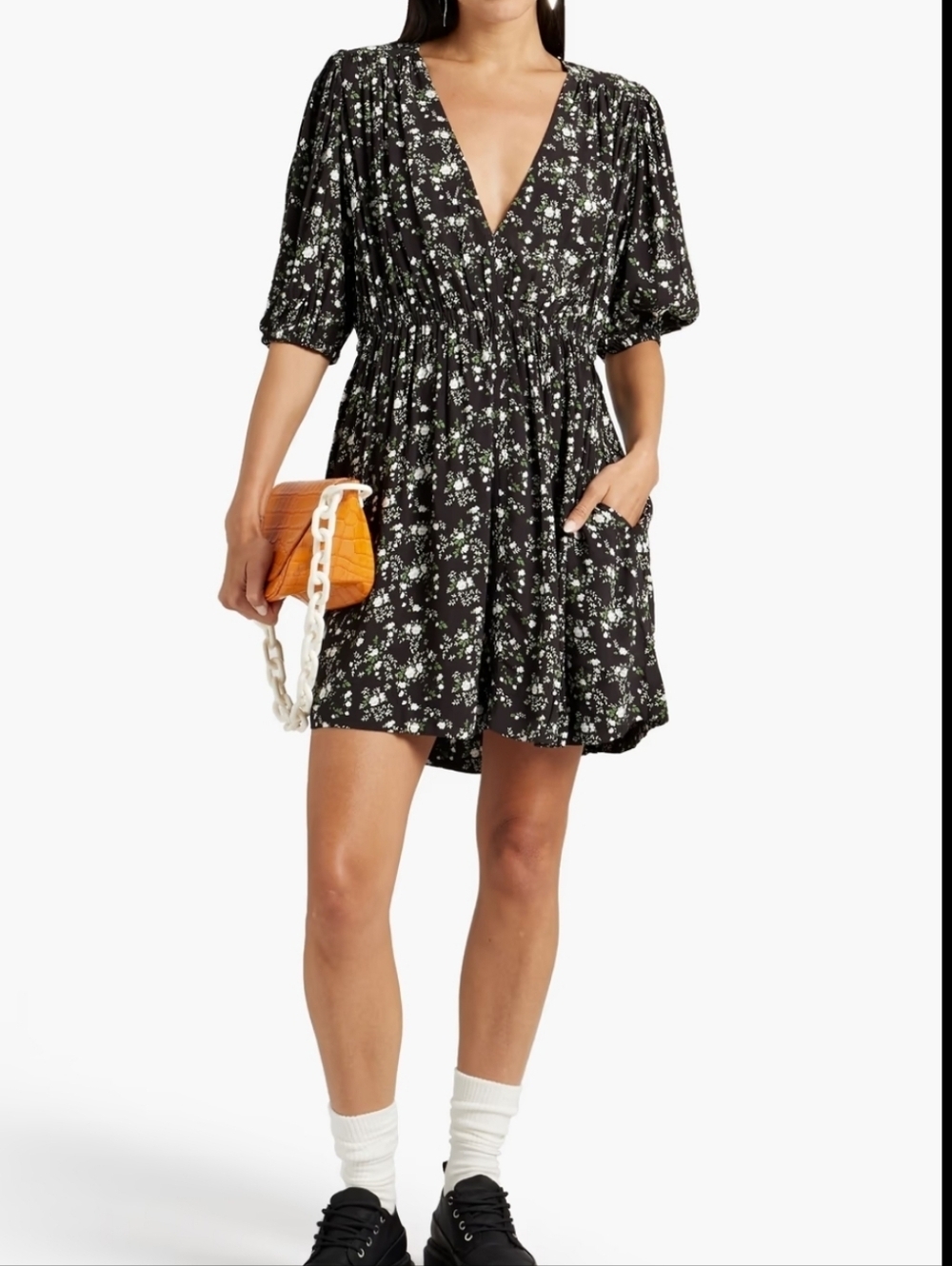 Ganni Gathered Floral-print Crepe Mini Dress In Multi-colour Ditsy Black Size 38